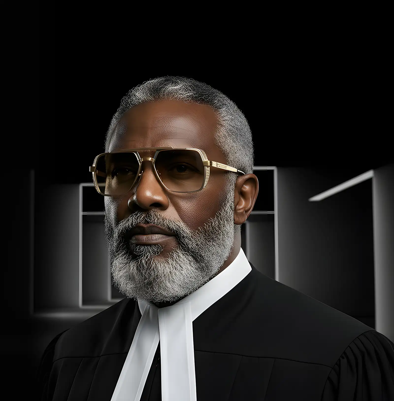 Portrait of The Judge wearing Agbassio luxury eyewear in a black judicial robe against a dark background