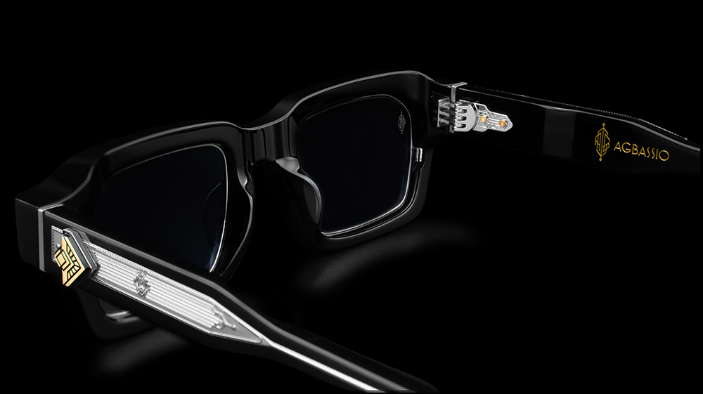 Agbassio The Strategist black acetate eyewear back view with sculpted temples and metallic detailing