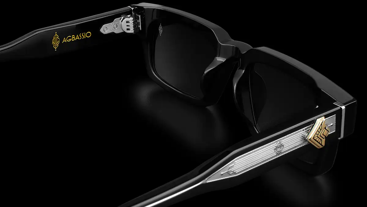 Agbassio The Architect black acetate eyewear rear view with engineered hinge and metallic temple detailing