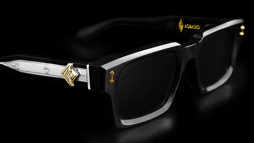 Agbassio The Architect black acetate eyewear front detail with sculpted frame and metallic temple detailing