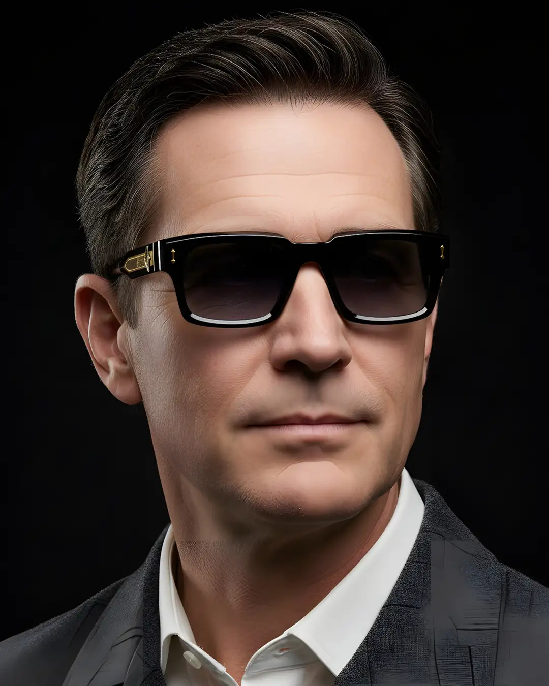 Agbassio The Architect black acetate sunglasses worn by a male model in a refined leisure look