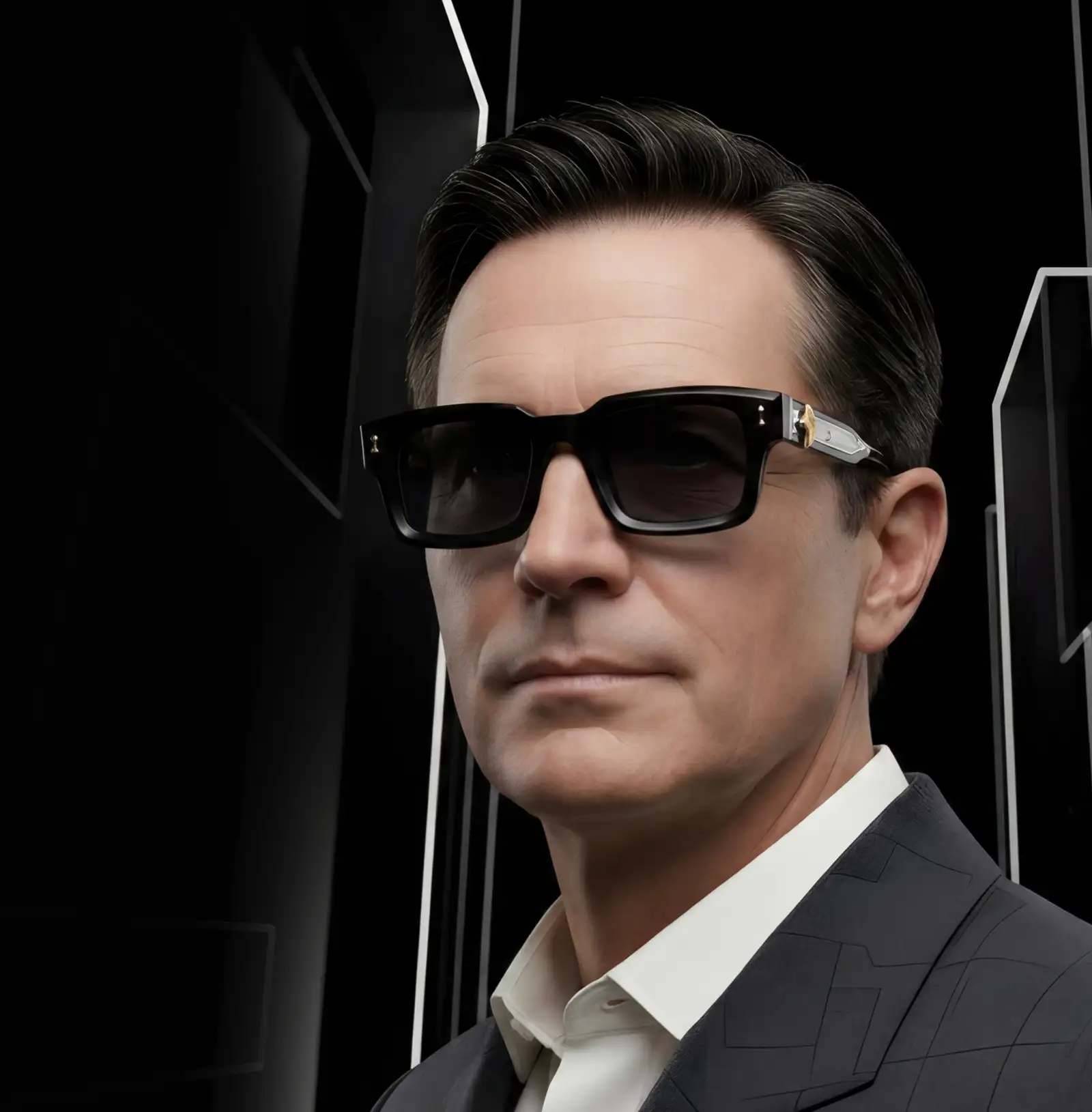 Agbassio The Architect black acetate eyewear worn by a male model in a dark architectural setting