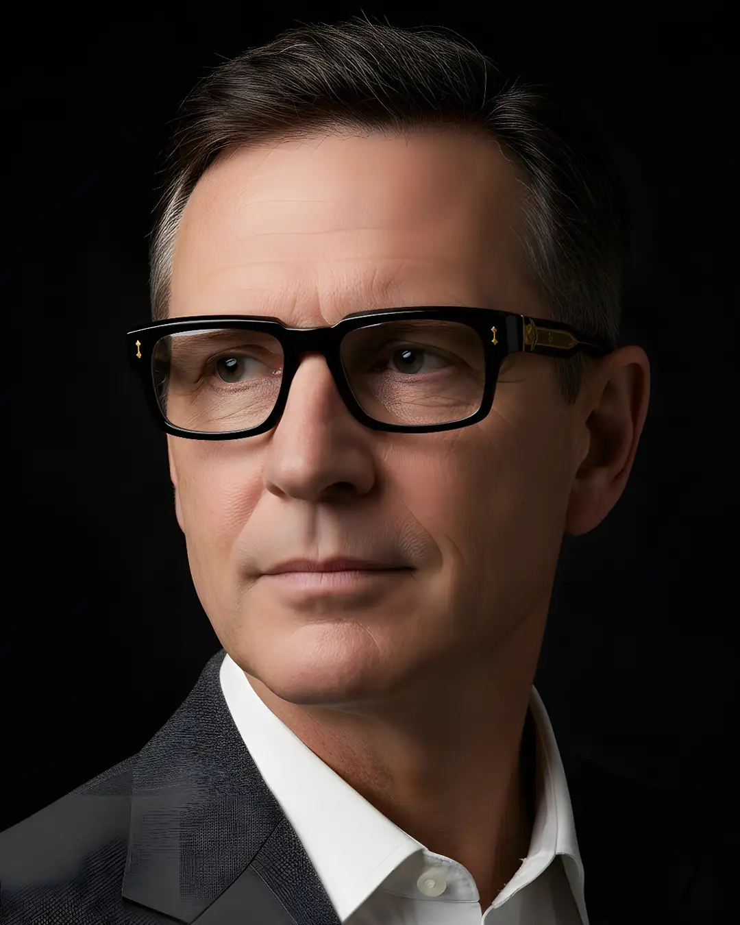 Agbassio The Architect black acetate eyewear worn by a male model in a formal work look
