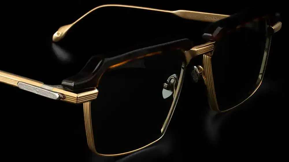 Agbassio The Diplomat luxury eyewear front detail with titanium structure, acetate brow and gold-toned finishing