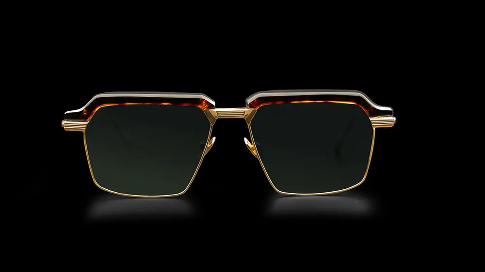 Front view of Agbassio The Diplomat eyewear in Havana acetate with gold titanium detailing and dark green lenses
