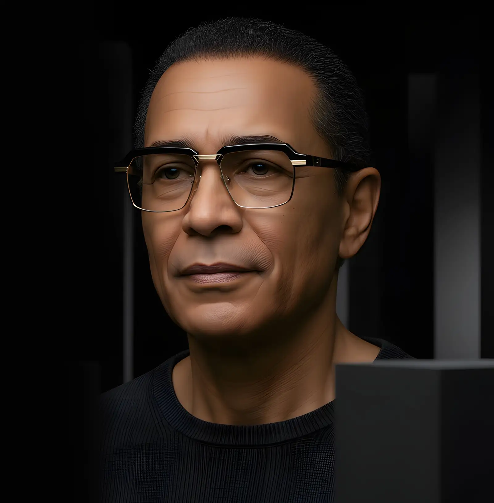 Agbassio The Diplomat luxury eyewear worn by a refined male model in a dark architectural setting