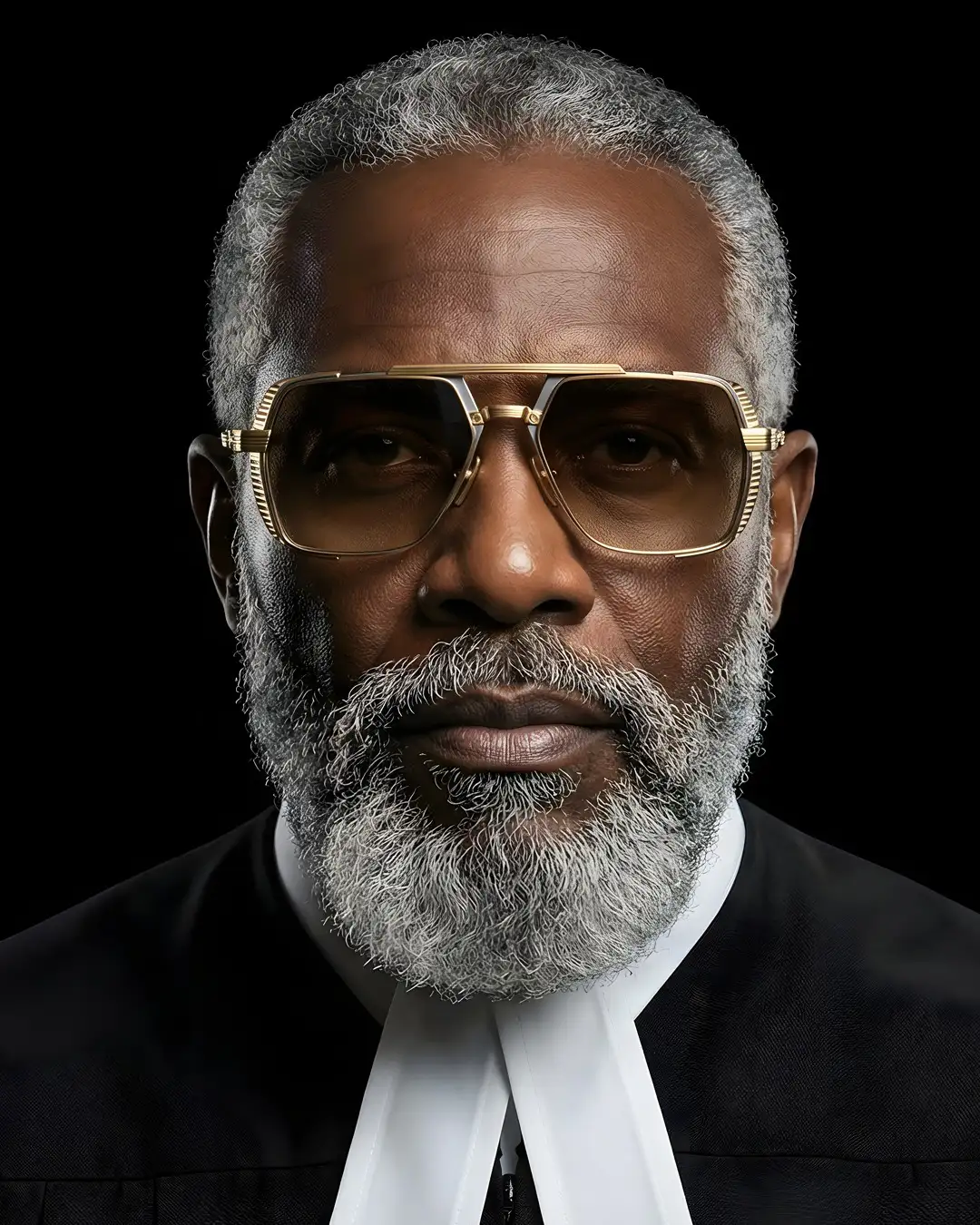 Portrait of The Judge wearing Agbassio luxury eyewear in a black judicial robe against a dark background