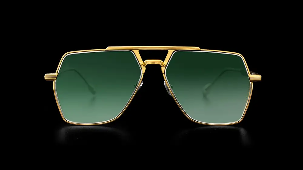Front view of Agbassio The Visionary eyewear in black and palladium with blue lenses