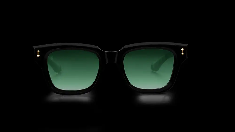 Front view of Agbassio The Philosopher black acetate eyewear with palladium detailing and green gradient lenses
