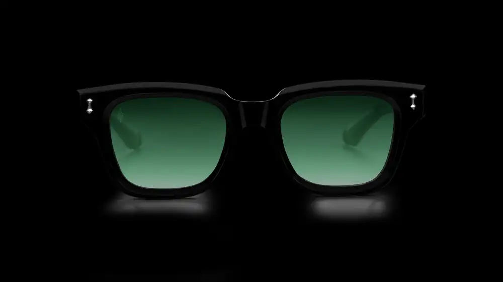 Front view of Agbassio The Philosopher black acetate eyewear with palladium detailing and green gradient lenses