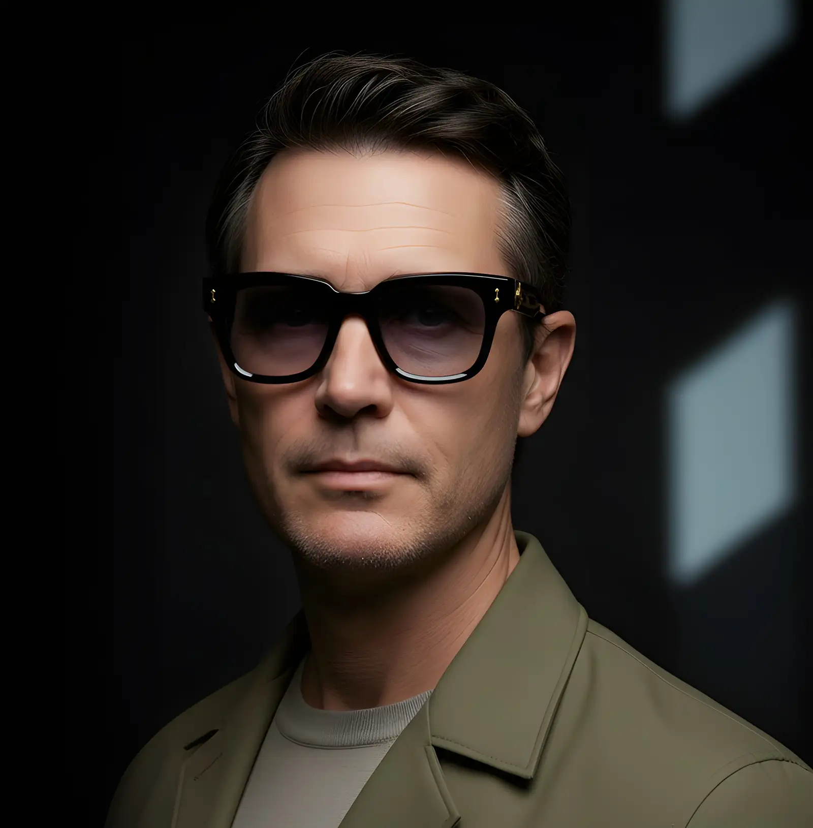 Agbassio The Philosopher black acetate sunglasses worn by a refined male model