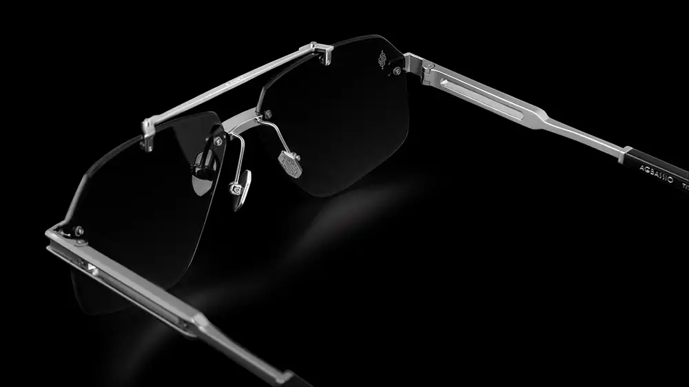 Agbassio The Professor titanium eyewear rear view with rimless lens construction and precision-engineered temples
