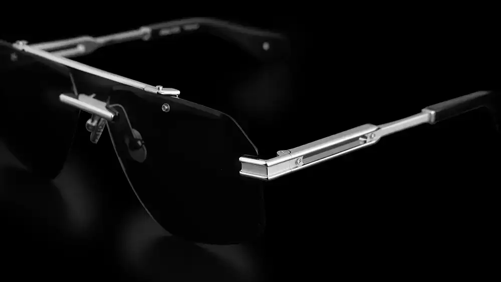 Agbassio The Professor rimless titanium eyewear front detail with precision-engineered temples