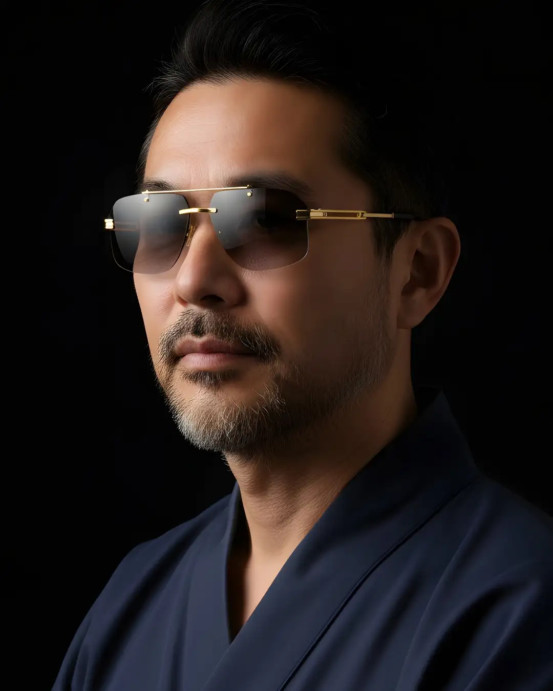 Agbassio The Professor rimless sunglasses worn with a dark navy leisure look