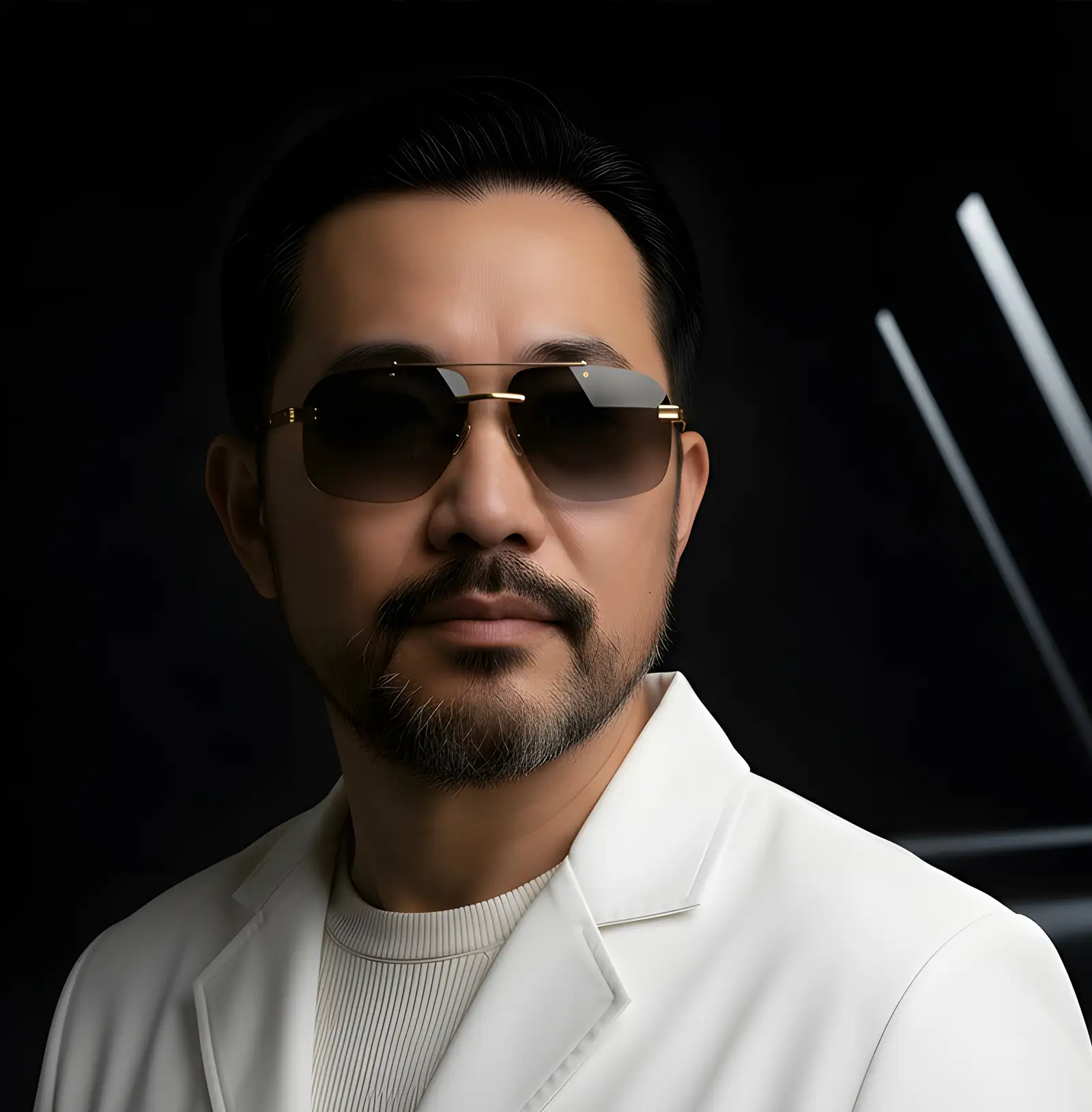 Agbassio The Professor rimless sunglasses worn by a refined male model in a white jacket