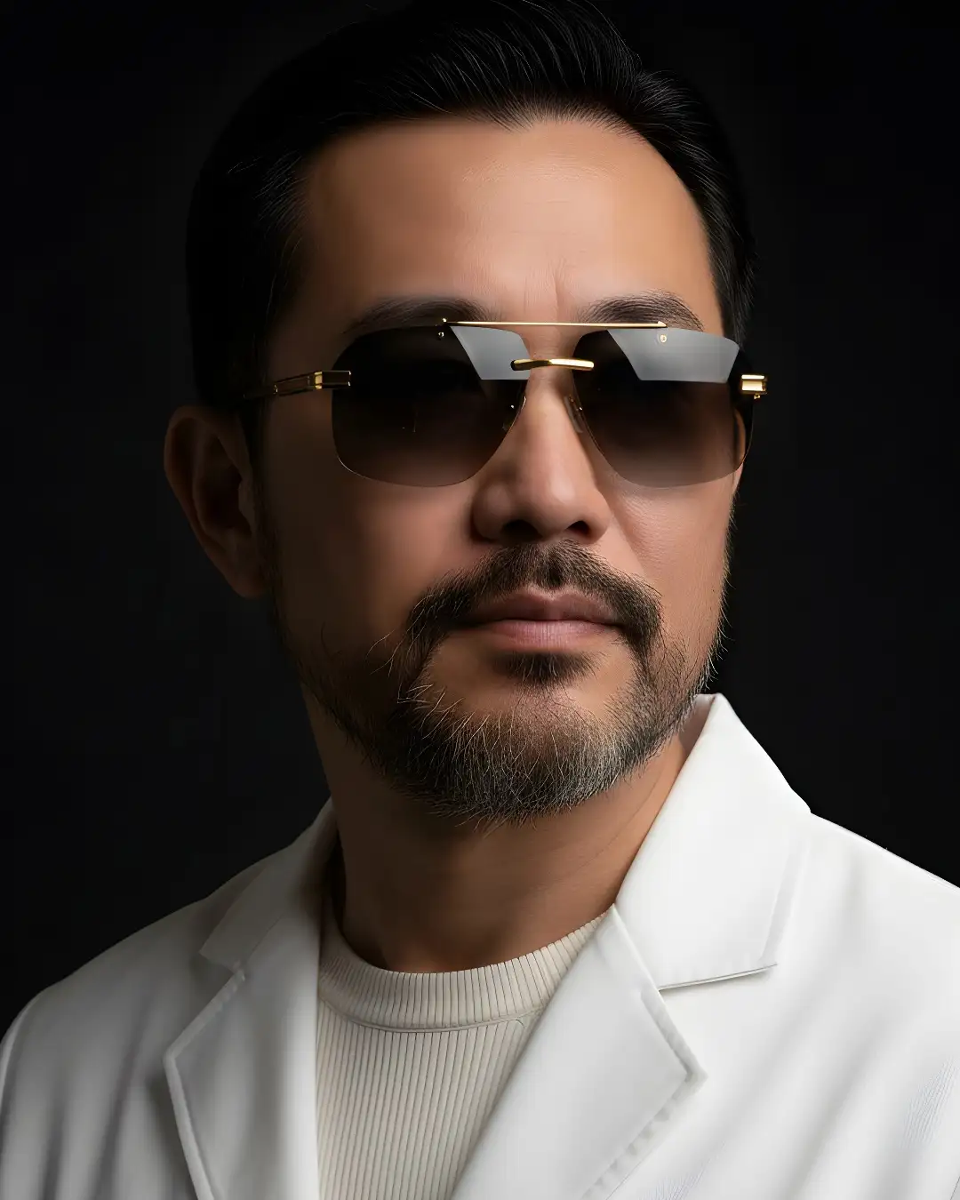 Agbassio The Professor rimless sunglasses worn with a refined white jacket