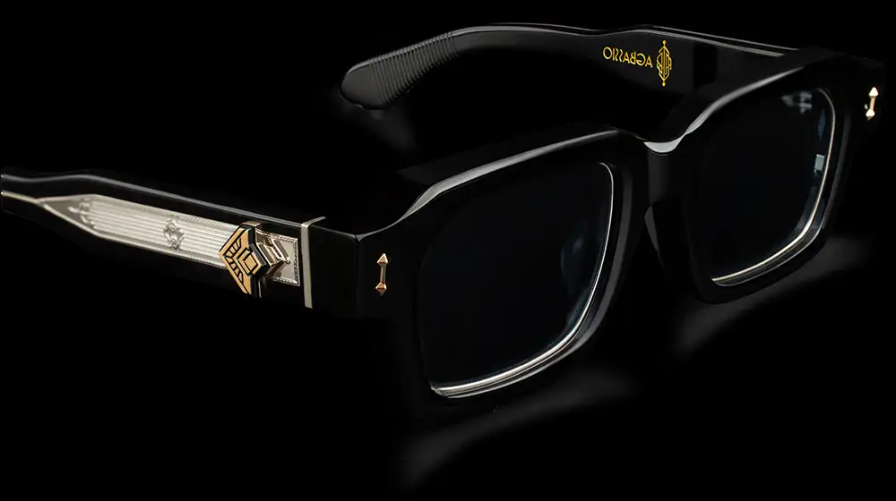 Agbassio The Strategist black acetate eyewear front view with sculpted temples and metallic detailing