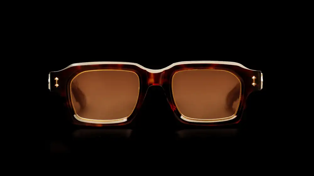 Front view of Agbassio The Philosopher black acetate eyewear with palladium detailing and green gradient lenses