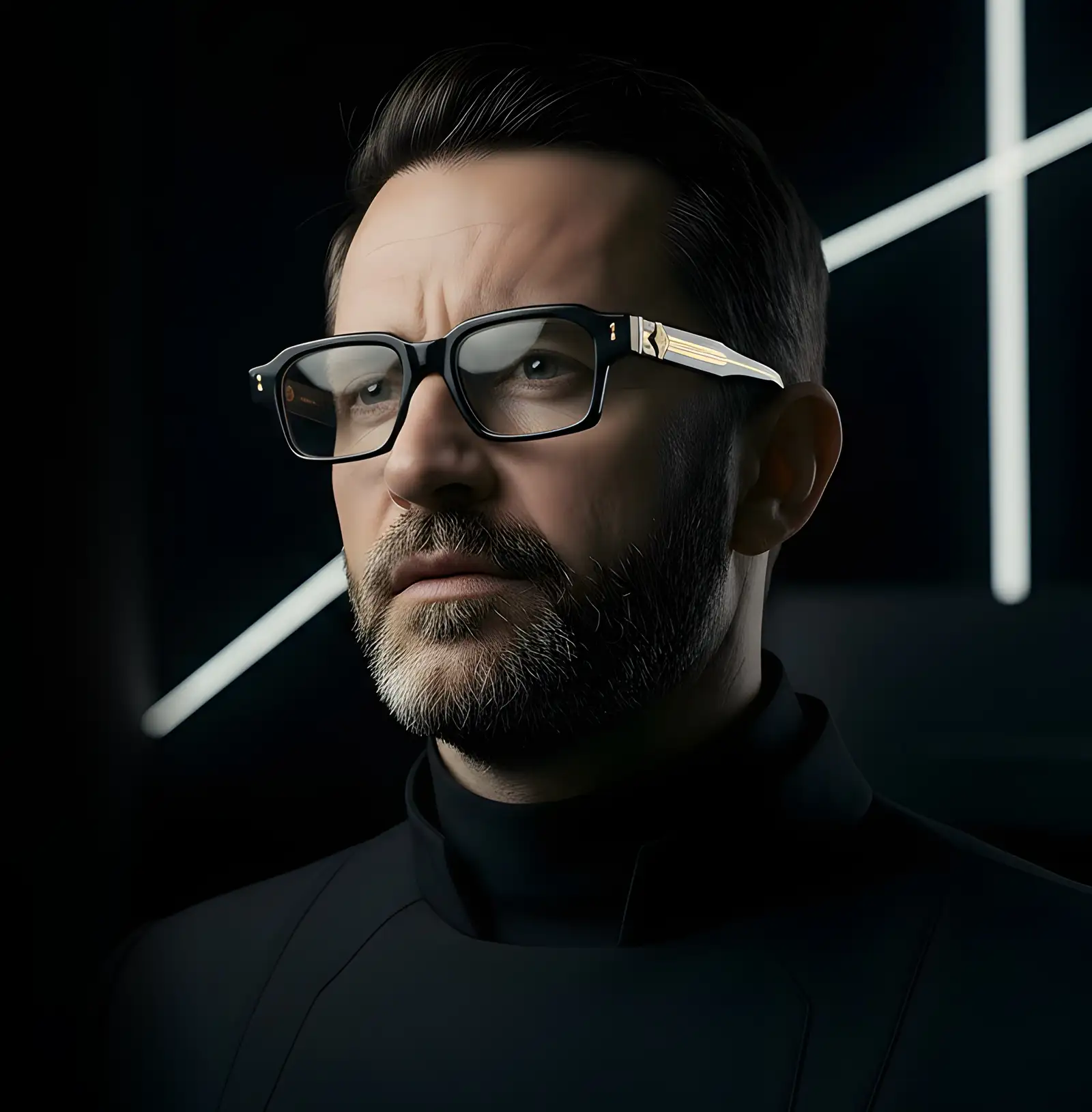 Agbassio The Strategist black acetate eyewear worn by a bearded male model in a dark architectural setting