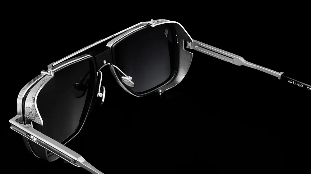 Agbassio The Visionary palladium titanium eyewear rear view with rimless lens construction and sculpted bridge detailing