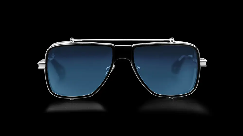 Front view of Agbassio The Visionary eyewear in black and palladium with blue lenses