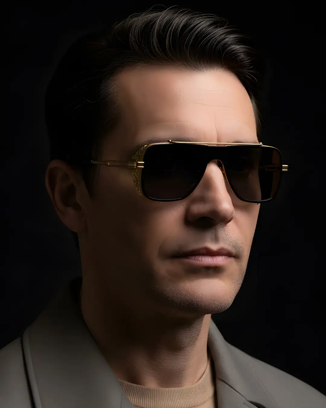 Agbassio The Visionary gold titanium sunglasses worn by a male model in a refined leisure look