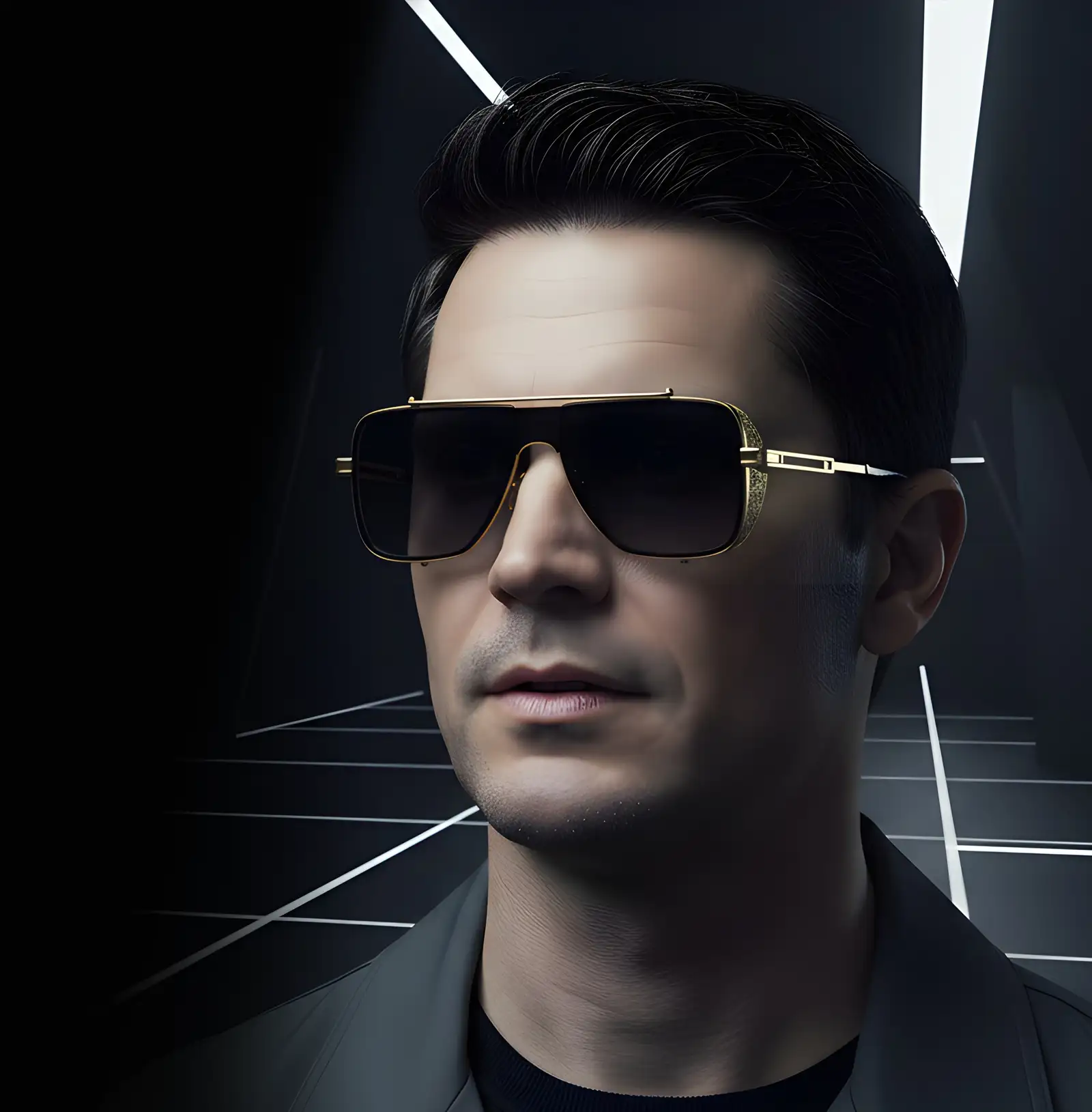 Agbassio The Visionary gold titanium sunglasses worn by a male model in a futuristic architectural setting