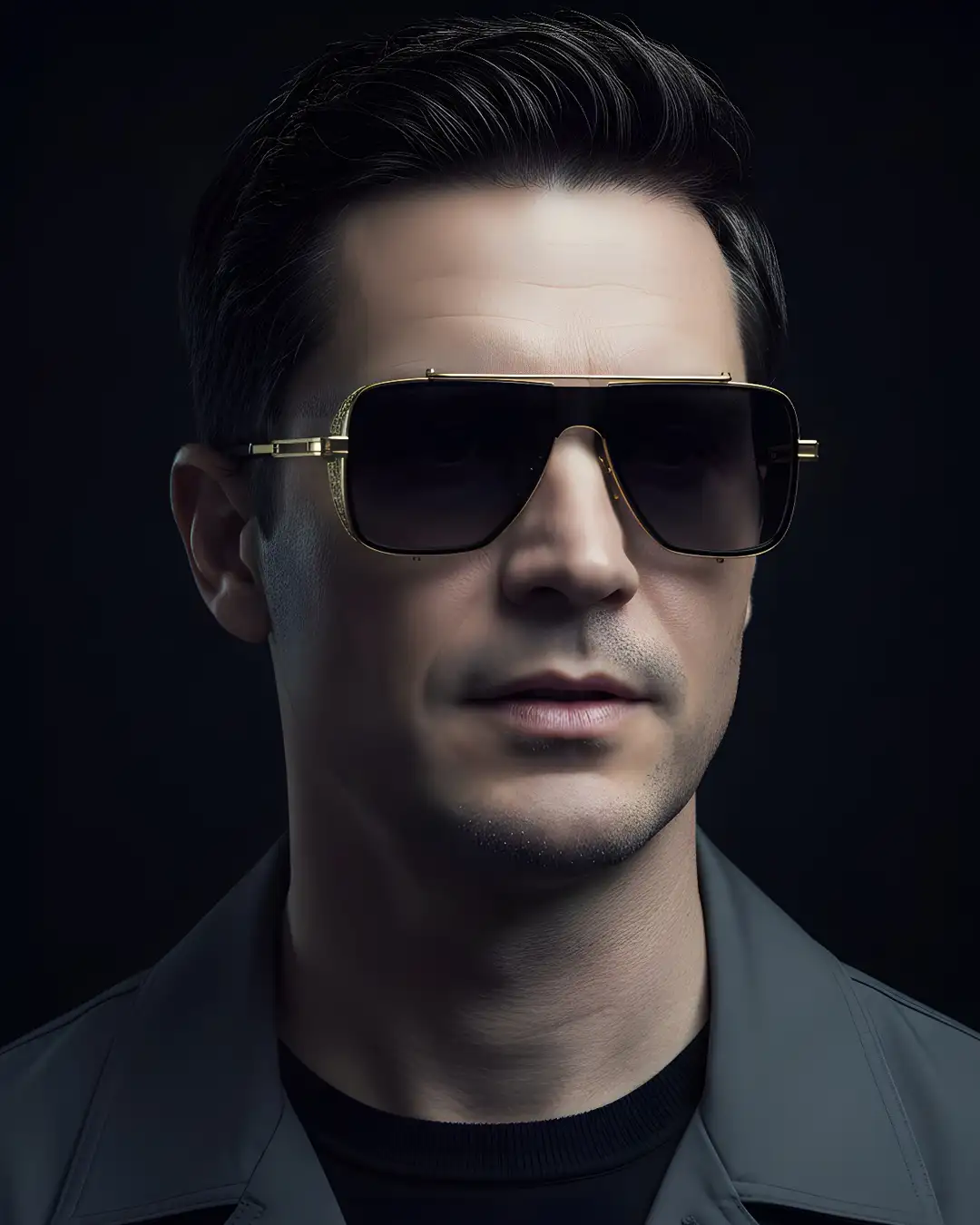 Agbassio The Visionary gold titanium sunglasses worn by a male model in a contemporary work look