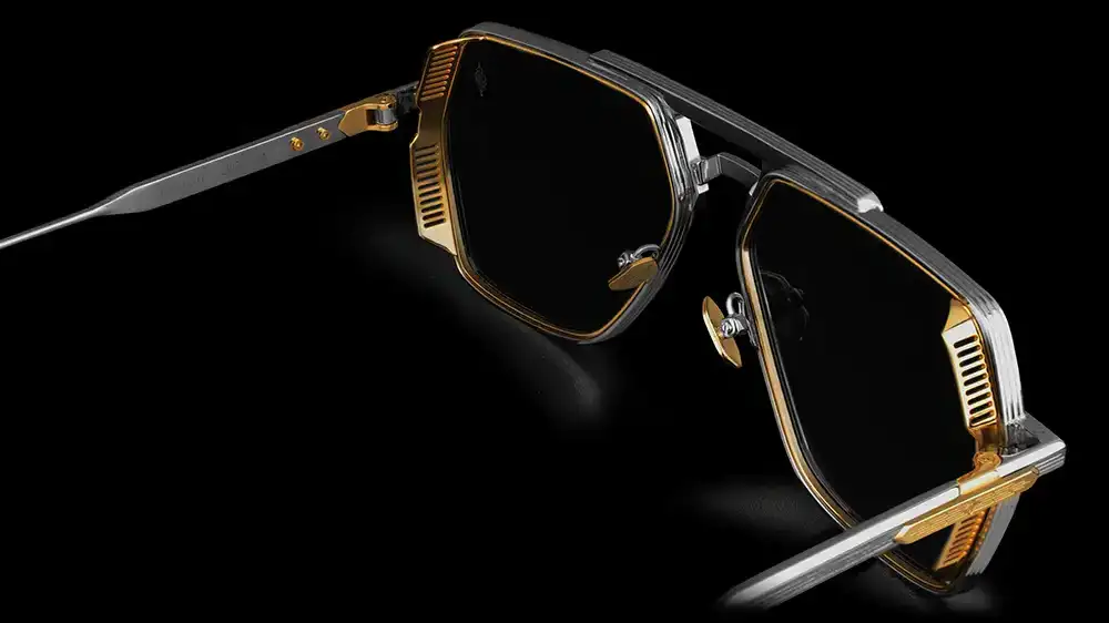 Agbassio The Judge eyewear in gold and palladium shown from the rear, revealing its titanium construction and inner detailing