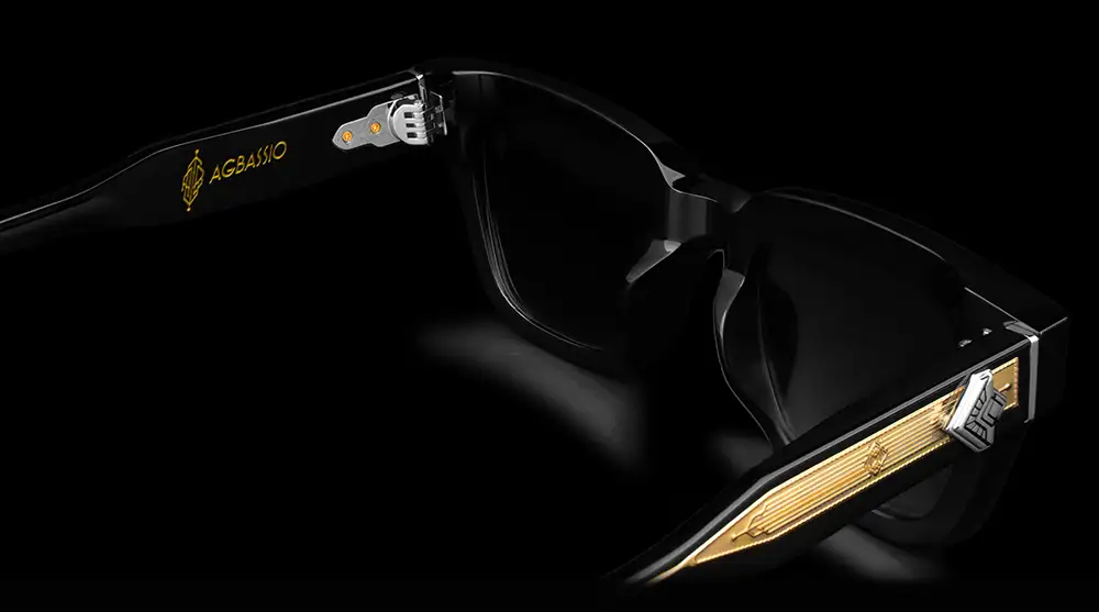 Rear view of Agbassio The Philosopher black acetate eyewear showing the inner temple, hinge construction and gold detailing